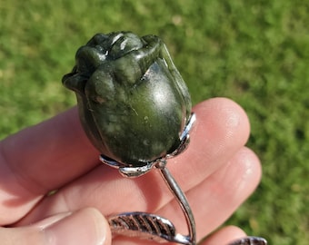 Small Serpentine Jade Rose on Metal Stem - Intuition, Rebirth, Guides Us To Our True Purpose - Green Crystal Flower Carving Healing Gemstone