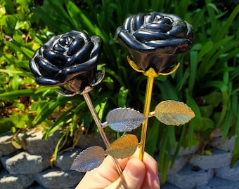 Obsidian Long Stem Black Rose - Self Reflection, Release Negativity, Increase Positivity - Crystal Rose Bud with Silver or Gold Stem