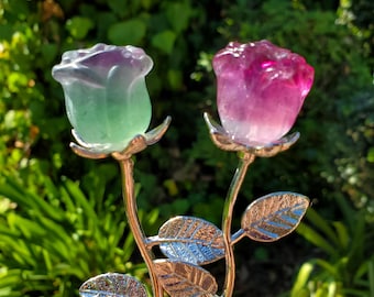 Small Rainbow Fluorite Crystal Rose on Stem - Mental Clarity, Positivity, Energetic Protection - Stone Rose Healing Crystals Gemstones