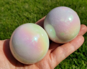 Aura White Jade Sphere - Peaceful, Calm, Love Energy - 1.95" White Jade Crystal Ball Healing Rainbow Gemstones
