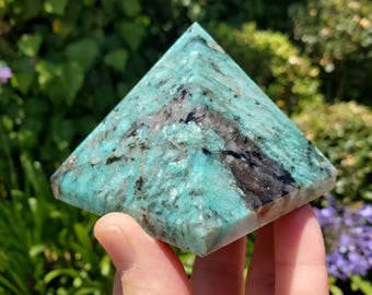 Amazonite Pyramid with Smoky Quartz - Calming, Courage, Truth, Compassion - Amazonite Crystal Pyramid Healing Gemstone Statement