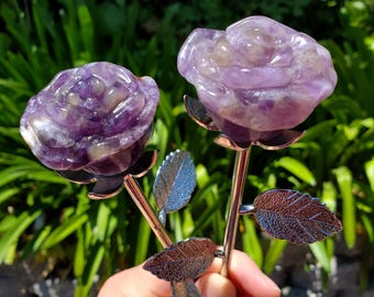 Amethyst Long Stem Rose - Calming, Energetic Protection, Positivity, Connection - Purple Amethyst Flower Carving Crystal Rose Gemstone
