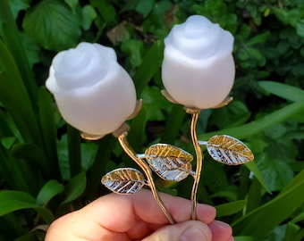 Small White Jade Rose with Metal Stem - Brings in Joy, Peace, Calm & Love Energy - White Flower Stone Carving Healing Gemstones