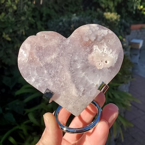 Druzy Pink Amethyst Flower Agate Heart + Stand - Gentle, Nourishing, Growth, Positivity, Grounding - Crystal Heart with Rainbows Statement