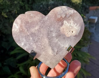 Druzy Pink Amethyst Flower Agate Heart + Stand - Gentle, Nourishing, Growth, Positivity, Grounding - Crystal Heart with Rainbows Statement