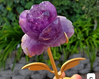 Amethyst Rose on Gold Stand - Calming, Energetic Protection, Positivity, Connection - Purple Flower Carving Crystal Rose Healing Gemstone