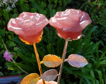 Strawberry Quartz Long Stem Rose with Silver or Gold Stem - Universal Love, Gratitude, Generosity, Compassion - Tanzberry Flower Gemstone