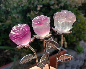 Small Rainbow Fluorite Crystal Rose on Stem - Mental Clarity, Positivity, Energetic Protection - Stone Rose Healing Crystals Gemstones