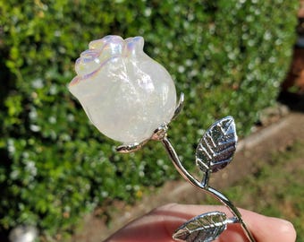 Small Aura Quartz Rose on Stem 6" long - Unconditional Love, Compassion, Self Love - Crystal Rose Bud with Metal Stem Shiny Rose Gemstone