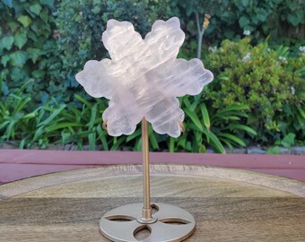 Rose Quartz Snowflake on Stand - Unconditional Love, Compassion, Forgiveness - Pink Snowflake Healing Crystals Gemstone Holiday Decor