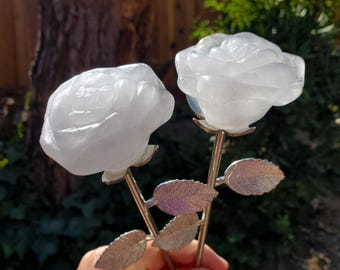 Quartz Long Stem Rose - Master Healer, Counteracts the Negative, Energizes Positive Energy - Clear Quartz Rose Healing Stone Statement