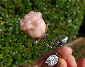 Small Pink Opal Rose on Stem - Activates Heart Chakra, Strengthens Connection To Yourself, Individuality - Pink Crystal Flower Valentine