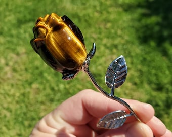 Small Flashy Tiger Eye Rose on Stem - Courage, Motivation, Confidence, Grounding, Energetic Protection  - Crystal Rose Healing Gemstones