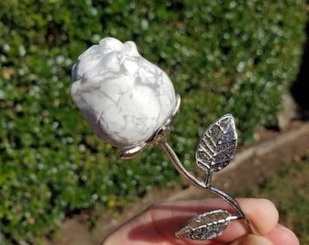 Small Howlite Flower on Metal Stem - Calm, Confidence, Emotional Healing, Grounding - Howlite Crystal Flower Healing Gemstone