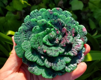 Big Ruby Zoisite Flower with UV reactive Ruby - Courage, Strength, Connects Our Hearts and Brain - Ruby Rose Carving Healing Gemstones
