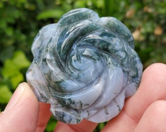Moss Agate Flower - Grounding, Reflection, New Beginnings - Green Agate Crystal Rose Healing Crystal Gemstone
