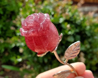 Small Strawberry Quartz Rose on Metal Stem - Universal Love, Gratitude, Generosity, Compassion - 6" Long Tanzberry Flower