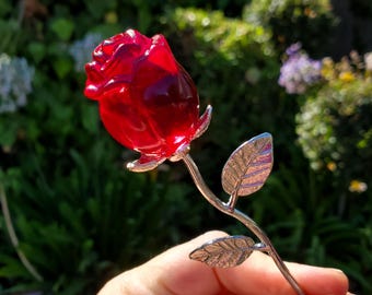 Small Red Glass Rose on Stem - Confidence, Intuition, Rebirth, Guides Us To Our Purpose - Flower Bud Carving Statement Stone Garden Stake