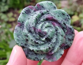 Ruby Zoisite Flower with UV reactive Ruby - Courage, Strength, Connects Our Hearts and Brain - Ruby Rose Carving Healing Gemstones