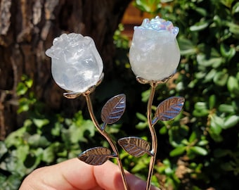 Small Clear Quartz Rose on Metal Stem - Master Healer, Counteracts Negativity, Energizes Positive Energy - Cute Rose Crystal Healing Stone