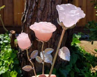 Rose Quartz Long Stem Rose 6" to 9" - Unconditional Love, Compassion, Self Love - Pink Crystal Rose Bud with Silver or Gold Metal Stem