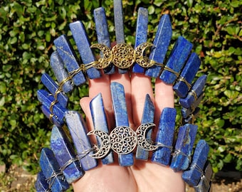 Lapis Lazuli Crown with Gold / Silver Triple Moon - Speak Your Truth, Self Expression, Communication - Lapiz Goddess Crown Gemstone Party