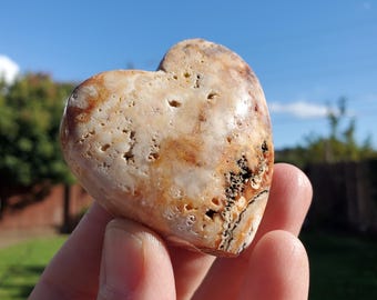 Pink Lace Agate Hearts with Druzy - Balance Physical, Mental, Emotional - Pink Agate Crystal Heart Carving