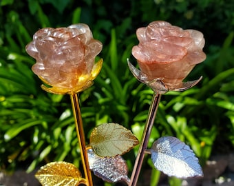 Fire Quartz Long Stem Rose - Energizing, Motivation, Vitality, Reflection, Renewal - Quartz Crystal Rose Carving on Metal Stem Home Decor