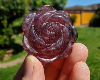 Small Strawberry Quartz Rose with Tourmaline Inclusions - Universal Love, Gratitude, Generosity, Compassion - Tanzberry Flower Carving