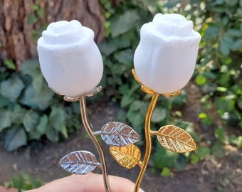 Small White Jade Rose with Metal Stem - Brings in Joy, Peace, Calm & Love Energy - White Flower Stone Carving Healing Gemstones