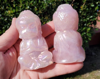 Aura Rose Quartz Buddha 3.15" - Unconditional Love, Compassion, Forgiveness - Pink Crystal Sitting Praying Buddha Healing Crystals Gemstones