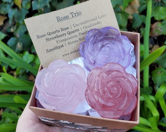 Rose Trio with Gift Box | Amethyst, Rose Quartz, Strawberry Quartz - Unconditional Love, Gratitude, Stress Relief - Crystal Rose Set