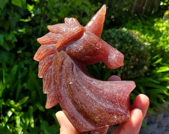 Chunky Strawberry Quartz Unicorn - Universal Love, Gratitude, Generosity, Compassion - Tanzberry Quartz Unicorn Carving Gemstone Statement