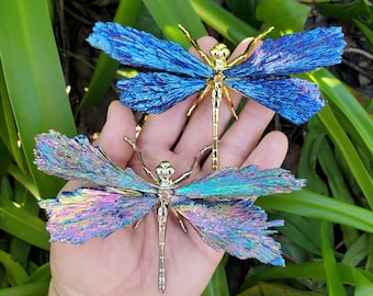 Aura Kyanite Dragonfly on Metal Body - Calming, Clarity, Connection, Communication, Balances Chakras - Kyanite Crystal Dragonfly Statement