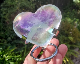 Chunky Aura Quartz Heart on Stand - Counteracts Negative, Energizes Positive Energy - Angel Aura Quartz Crystal Heart Healing Stone