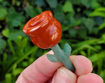 2 Cute Red Jasper Roses with Green Aventurine Stem - Creativity, Luck, Manifestation, Opportunity - Mini Red Rose Crystal Stone Gemstone
