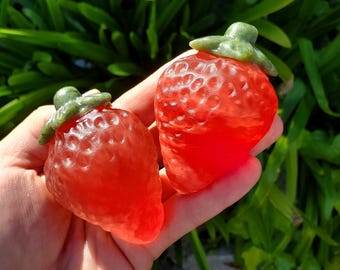 Chunky Red Glass Strawberry with Serpentine Jade Top - Confidence, Intuition, Rebirth, Guides Us To Our Purpose - Cute Fruit Carving Stone