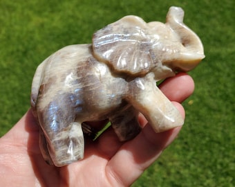 Moonstone and Sunstone Elephant - Uplifting, Raises Vibration, Feminine Energy, Empowering - Gold & Blue Flashy Crystal Elephant Gemstone