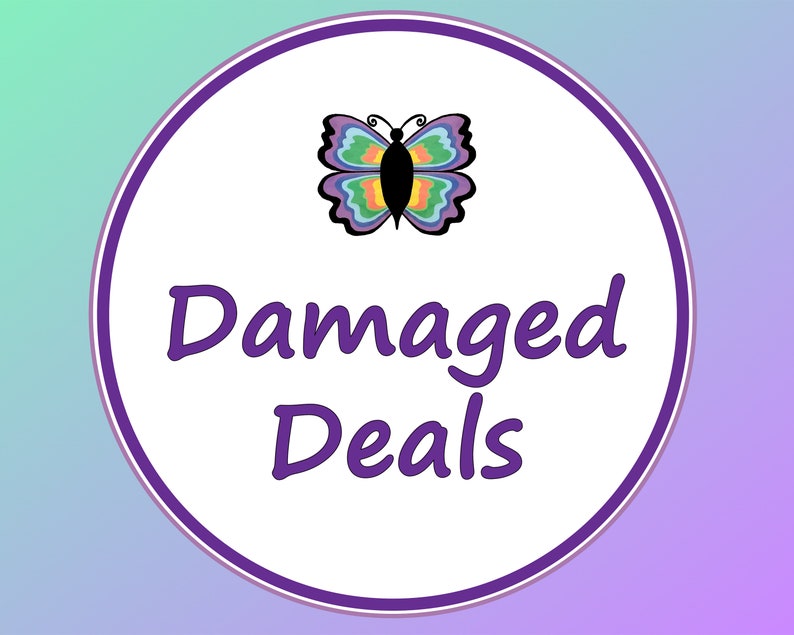 May include: A circular graphic with a white center, a purple border, and a gradient background of blue and purple. The graphic features a colorful butterfly illustration and the words "Damaged Deals" in purple script.