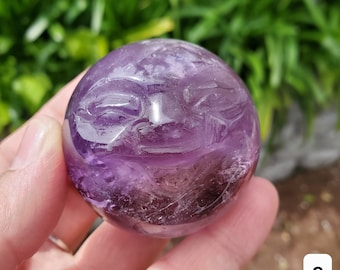 Moon Face Amethyst Sphere - Calming, Energetic Protection, Positivity, Connection - Purple Amethyst Moon Crystal Healing Gemstones