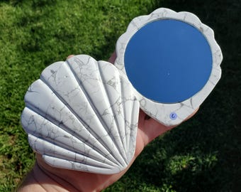 Howlite Seashell Mirror - Calm, Confidence, Emotional Healing - Howlite Crystal Mirror Healing Crystals Gemstones Vanity Bathroom Decor