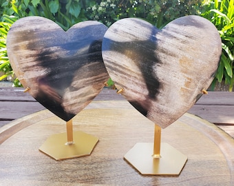 Big Petrified Palm Root Fossil Heart on Stand - Calming, Cleansing, Positive Energy, Wisdom - Crystal Heart Wooden Stone Healing Gemstone