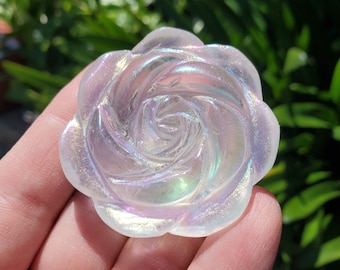 Aura Quartz Flower - Counteracts the Negative, Energizes Positive Energy - Rainbow Quartz Rose Carving Crystal Flower Healing Stone