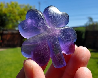 Cute Purple Fluorite Clover - The Dream Crystal, Mental Concentration, Clears Negativity - Crystal Clover Carving Healing Lucky Stone