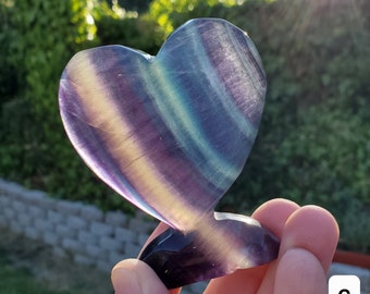 Rainbow Fluorite Standing Heart - Mental Concentration, Energetic Protection, Positivity - Fluorite Carved Crystal Heart Healing Gemstone