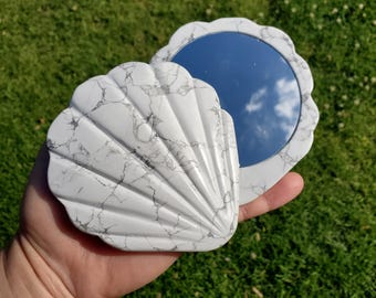 Howlite Seashell Mirror - Calm, Confidence, Emotional Healing - Howlite Crystal Mirror Healing Crystals Gemstones Vanity Bathroom Decor