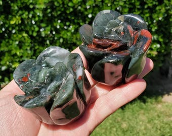 Chunky African Bloodstone Rosebud Bloom - Calming, Grounding, Persistence, Courage - Black and Red Crystal Flower Carving Healing Gemstone