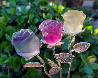 Small Rainbow Fluorite Crystal Rose on Stem - Mental Clarity, Positivity, Energetic Protection - Stone Rose Healing Crystals Gemstones