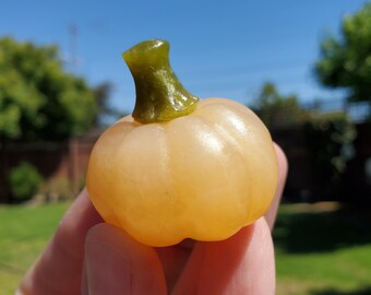Cute Orange Calcite Pumpkin with Serpentine Jade Stem - Confidence, Self-Esteem, Creative & Sexual Energy - Calcite Crystal Pumpkin Carving
