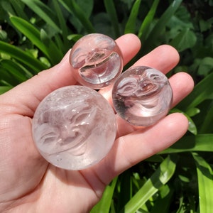 Moon Face Quartz Sphere - Counteracts the Negative, Energizes Positive Energy, Cleanses Your Aura - Clear Quartz Crystal Ball Healing Stone
